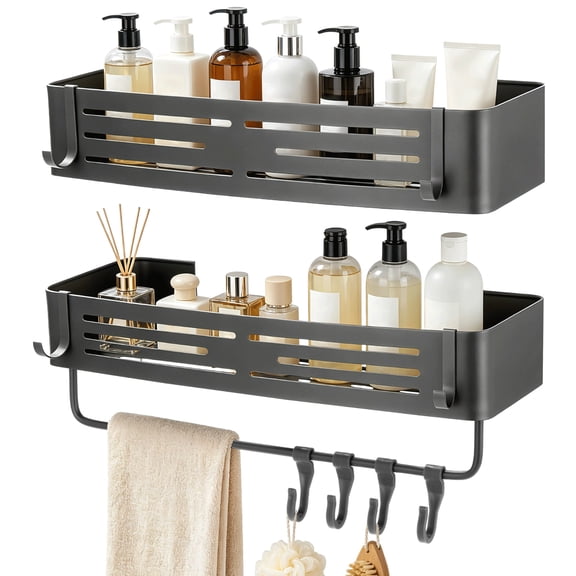 2 Pcs Square Shower Caddy, Double-Layer Adhesive No-Drilling Aluminum Organizer, Gray Wall Mount Bathroom Shelves with Sticky Hooks & Towel Bar, Space-Saving for Shower & Kitchen