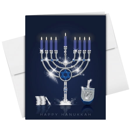 Happy Hanukkah Greeting Cards, Blue Menorah Design, 25 Pack