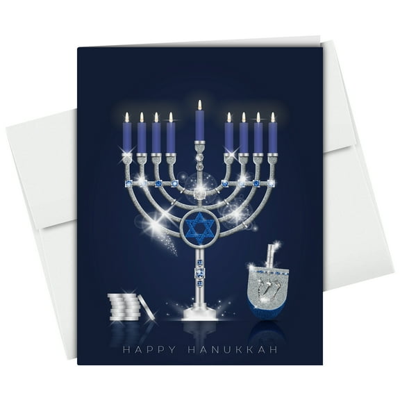 Happy Hanukkah Greeting Cards, Elegant Blue Menorah, Dreidel and Silver Coins Design for Religious Jewish Holiday Chanukah | 4.25 x 5.5” | 25 per Pack