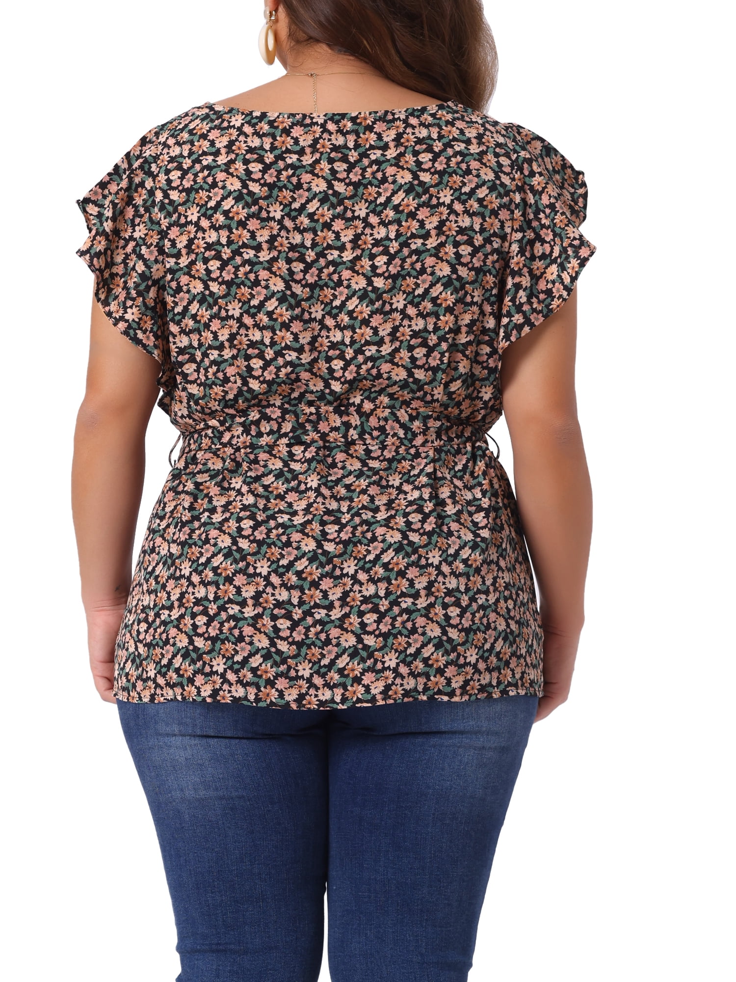 DARING DIVA Women's Plus Floral Tie Waist Flare Sleeve Top 3X Black Orange