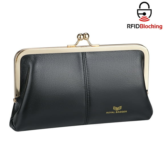 Royal Bagger RFID Genuine Leather Wallet for Women, Kiss Lock Clutch with Multi-Card Slots, Vintage Card Holder Purse 2468