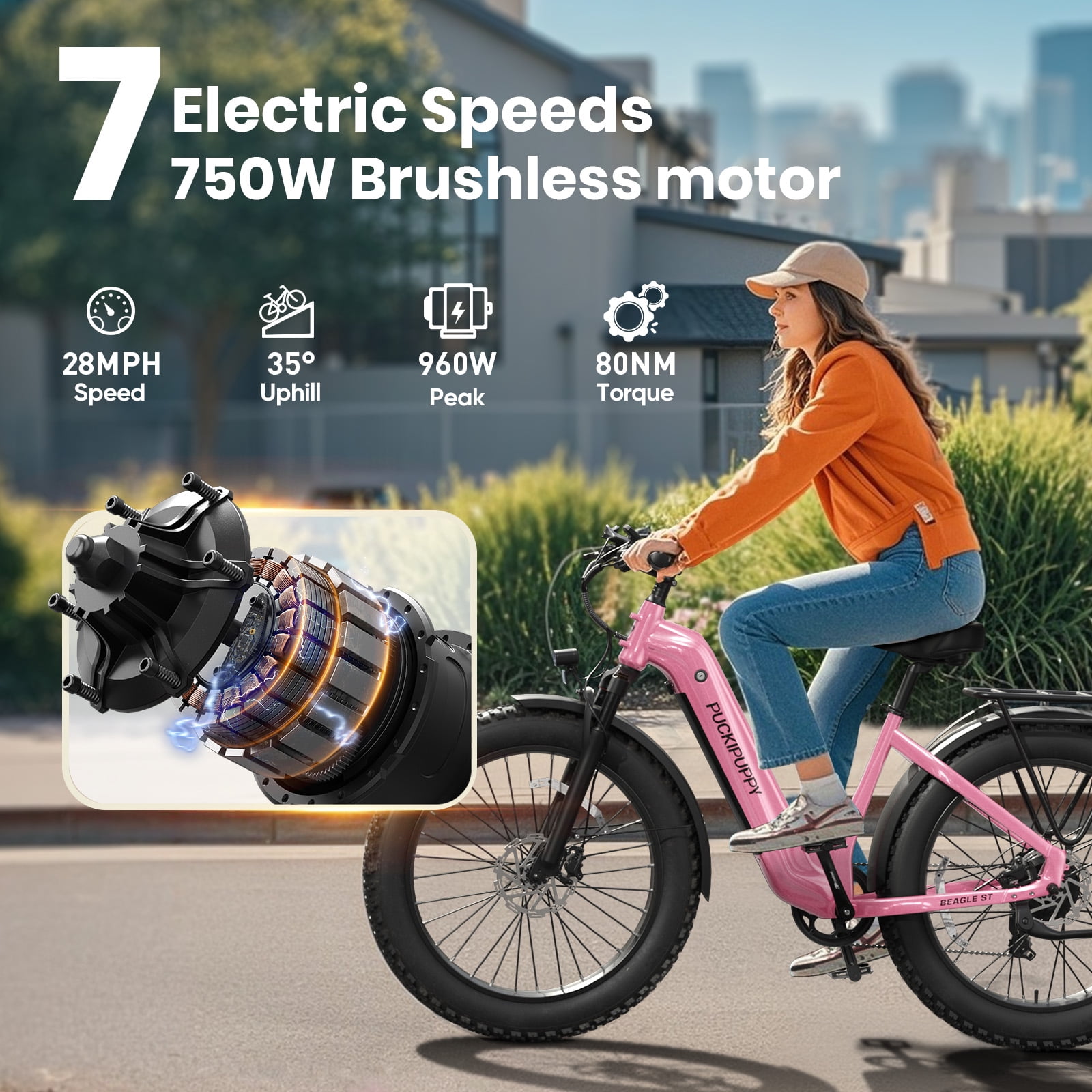 PUCKIPUPPY 960W Peak Electric Bike for Adults Step Through E-Bike 28mph Max Speed 60Miles Range 26" Fat Tire Electric Mountain Bike 48V 15AH Battery 7 Speed off-Road Ebike, Comply with UL2849 By SGS