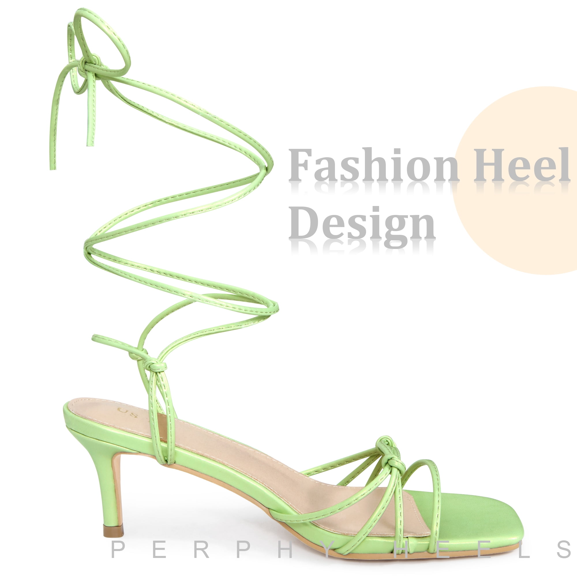 DARING DIVA Women's Knot Lace Strappy Square Toe Kitten Heel Sandals Fluorescent Green 7