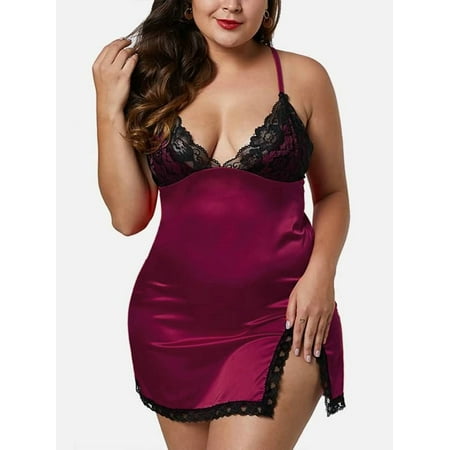 

ORQ Women Plus Size Sexy Lace Breasted Patchwor One-piece Nightdress Set