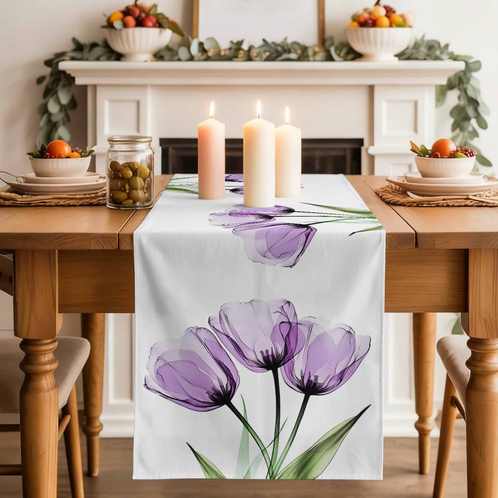 Purple Tulip Table Runner, Modern Blossom Pastel White Floral Petal Washable Cotton Linen Table Runners 108 Inches Long, Dresser Scarf Runner for Dining/Living Room/Kitchen/Square Tables 13''x108''
