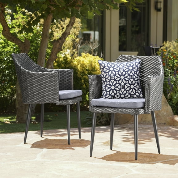 Ivan Outdoor Wicker Dining Chairs with Black Finished Metal Legs and Cushions, Set of 2, Mixed Black, Grey