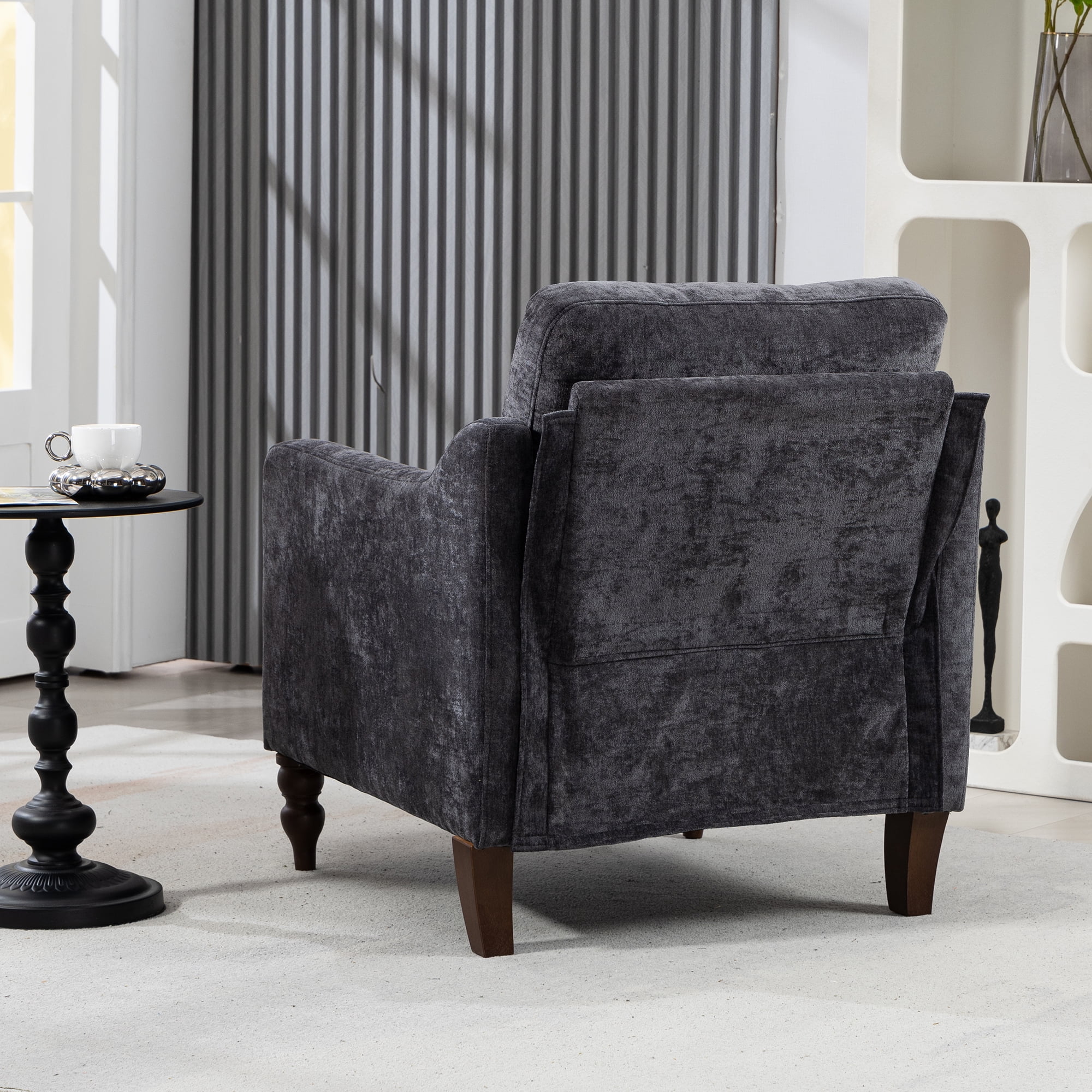 Comfortable armchair with USB charging port, ergonomic wide backrest, vintage wooden legs, comfortable upholstered armchair with side storage for living room bedroom