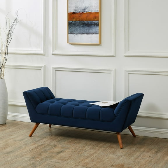 SAFAVIEH Couture Damian Solid Tufted Linen Contemporary Bench, Navy/Dark Brown