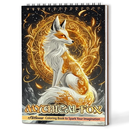 NETHOUSE Mythical Fox Coloring Book for Adults, A5 Wooden Cover, 30 Fanciful Coloring Pages of Fabled Foxes for Stress Relief and Relaxation, Spiral Bound Edition