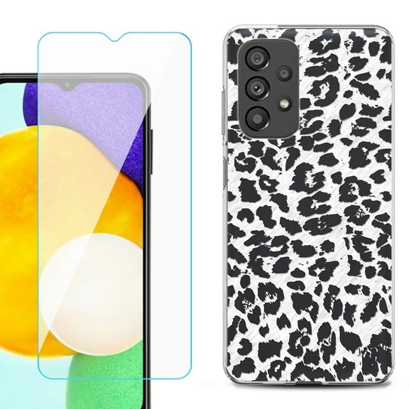 Slim-Fit Gel TPU Phone Case for Samsung Galaxy A23 5G, with Tempered Glass Screen Protector, by OneToughShield ® - Cheetah B/W
