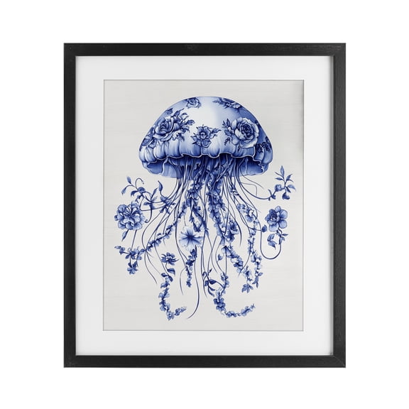 Funky Vintage Toile Jellyfish Black Framed Print Under Glass, design by Lettered and Lined