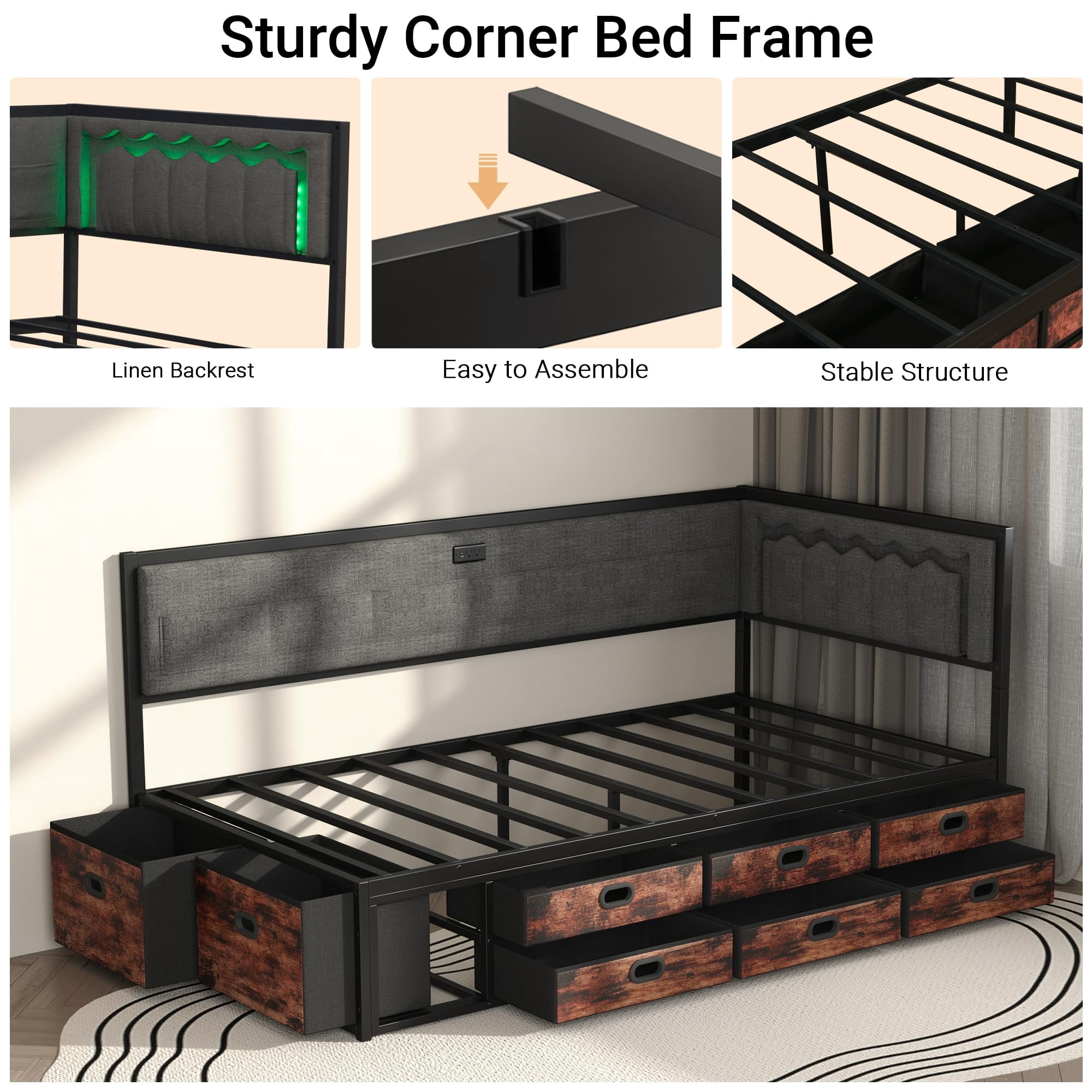 Miniyam Twin Daybed with Storage Drawers, Charging Station and LED Light, Reversible Upholstered Corner Bed Frame