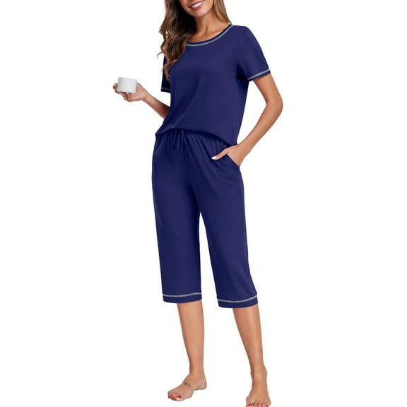 Fashion 2 Piece Sets for Women Summer Plus Size Casual Loose Solid Round Neck Short Sleeved Capris Home Set Pajamas And Pajamas