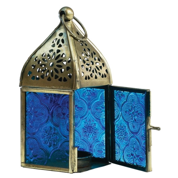 In the Breeze 9201 — Blue Mini Square Tealight Lantern — Moroccan-Style Boho Chic Tealight Glass and Metal Tabletop Lantern