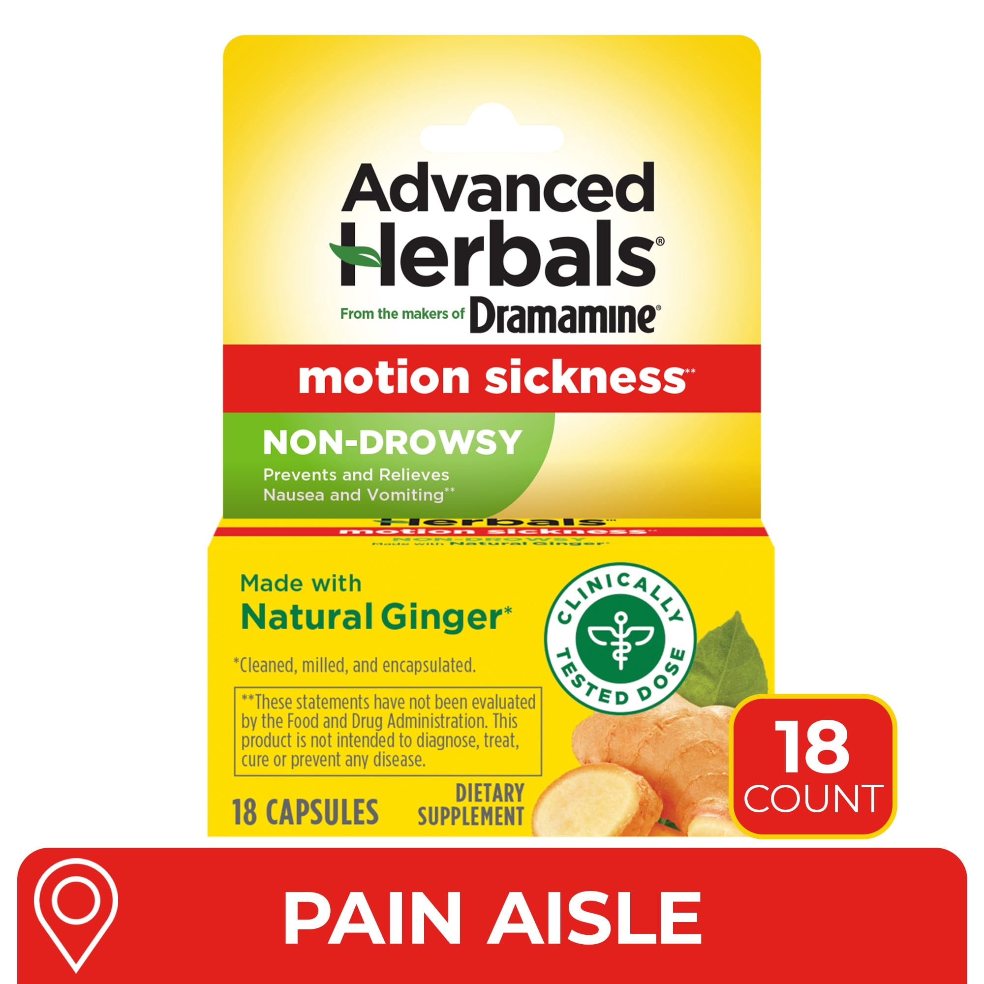 Advanced Herbals by Dramamine, Non-Drowsy Motion Sickness Relief, with Natural Ginger, 18 Count