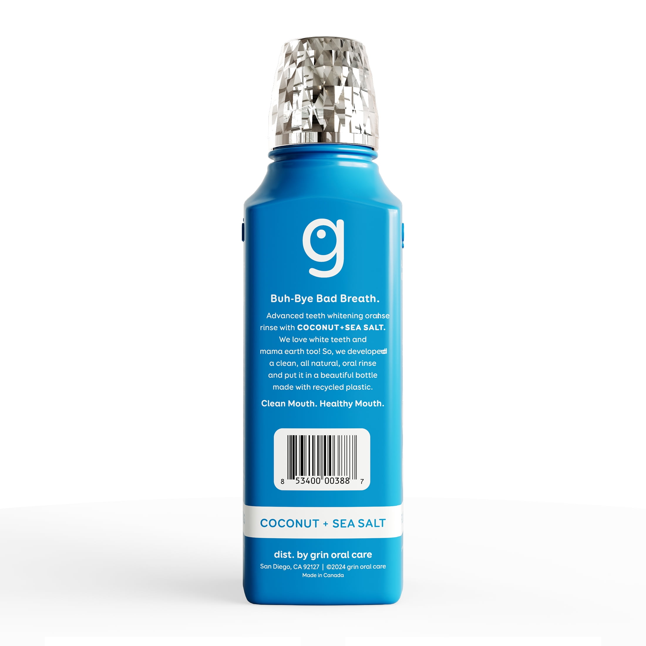 Grin White Teeth Oral Rinse - 16 oz - White Teeth Mouthwash, Mint Flavor, Alcohol-Free, Organic Ingredients, Coconut and Sea Salt, Aloe & Xylitol, Essential Oils, Bottle Made From Recycled Plastic
