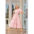 thumbnail image 2 of V-Neck Pleated Puff Sleeves Long-Sleeved Dress Pink L, 2 of 4