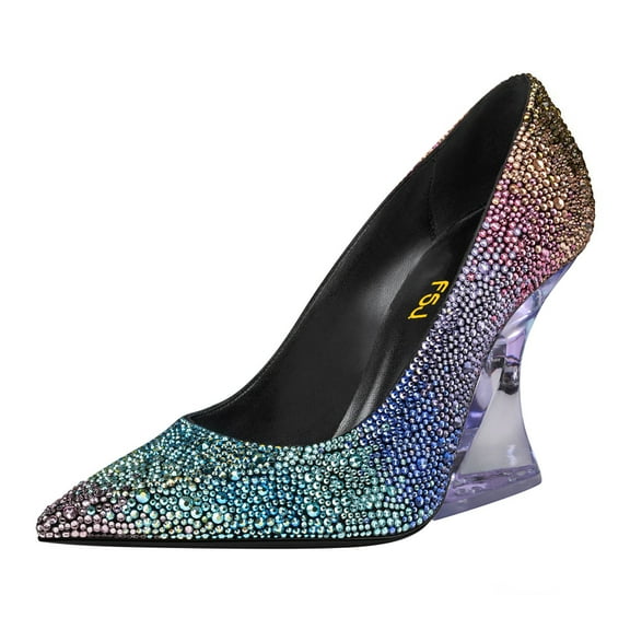 FSJ Women Graceful Pointed Closed Toe Pumps Chic Transparent Chunky High Heel Slip On Office Formal Wedding Party Dress Shoes Size 8 Multicolor Rhinestones