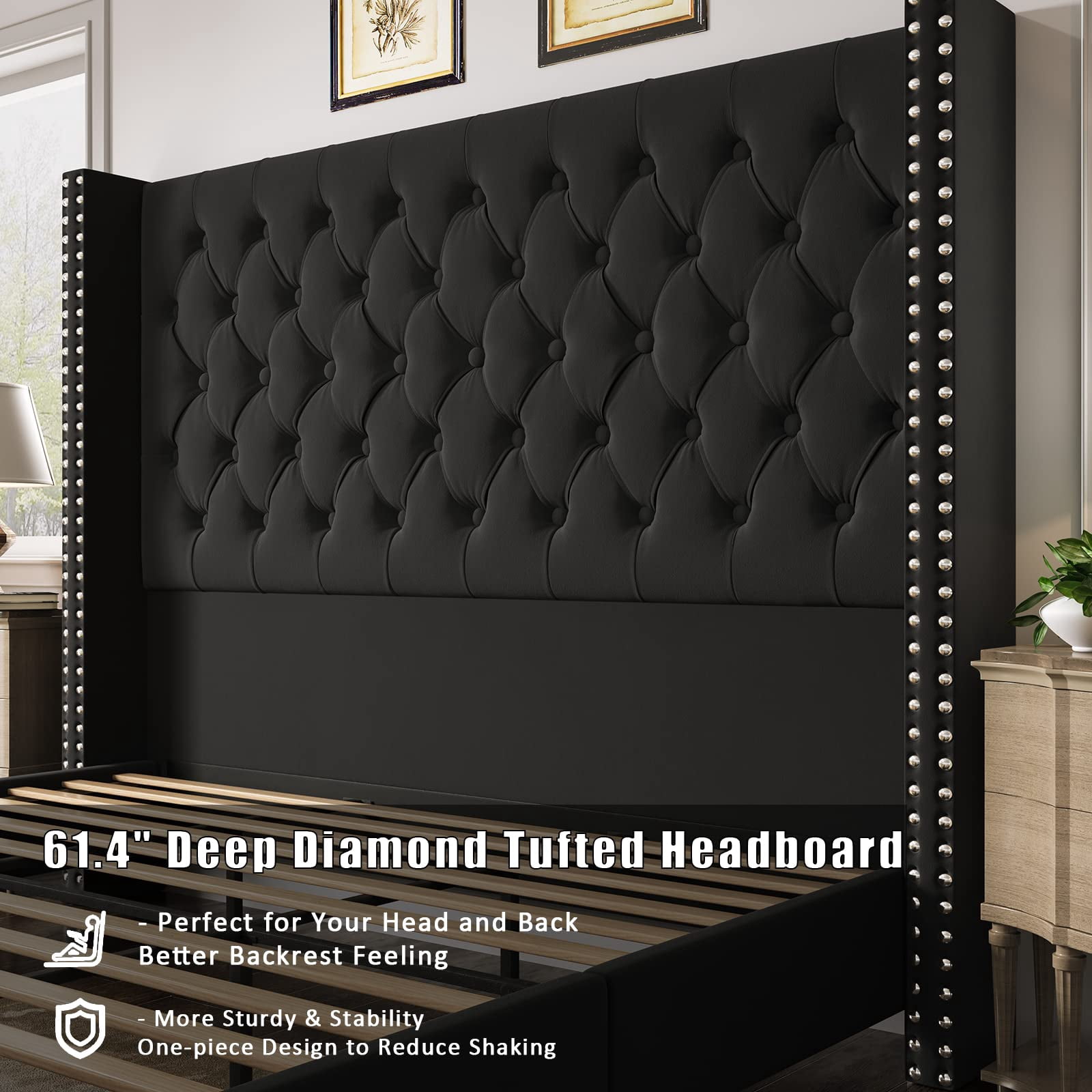 VanAcc Queen Platform Bed Frame 61.4" Handmade Headboard Velvet Tall Upholstered Bed Deep Button Tufted/Wood Slat Support/Easy Assembly/Black