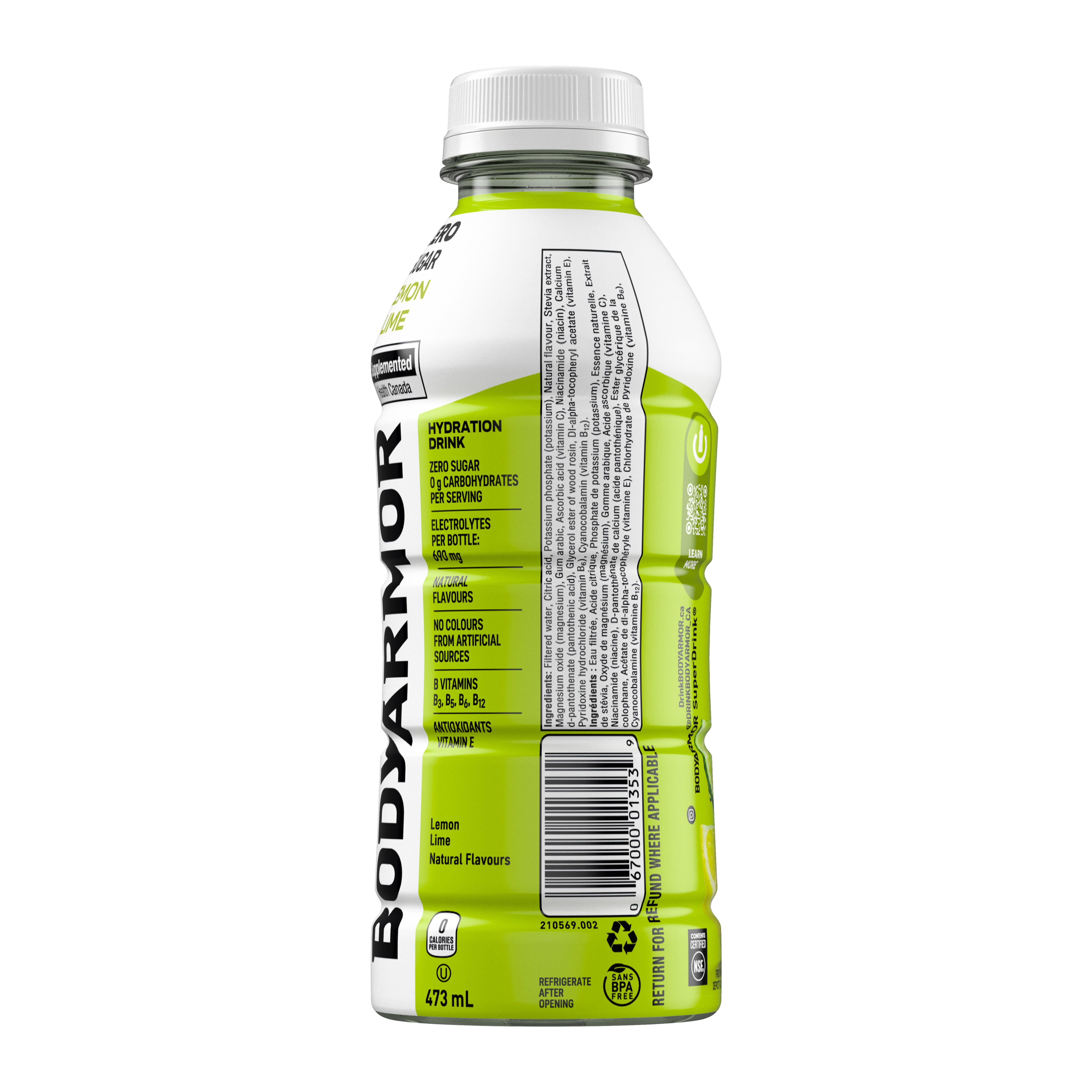 BodyArmor Zero Sugar Lemon Lime Bottle, 473 mL, Body Armor Lemon Lime Zero Sugar