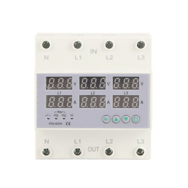 3 Phase DIN Rail Voltmeter, Overvoltage Protector Automatic Adjustable PC AC 390-500V For Home 63A