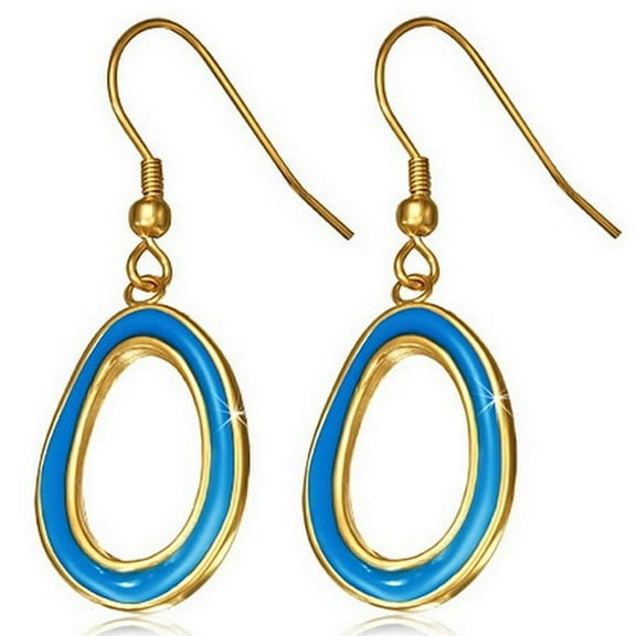 Stainless Steel Yellow Gold-Tone Black Blue Enamel Large Dangle Drop Earrings