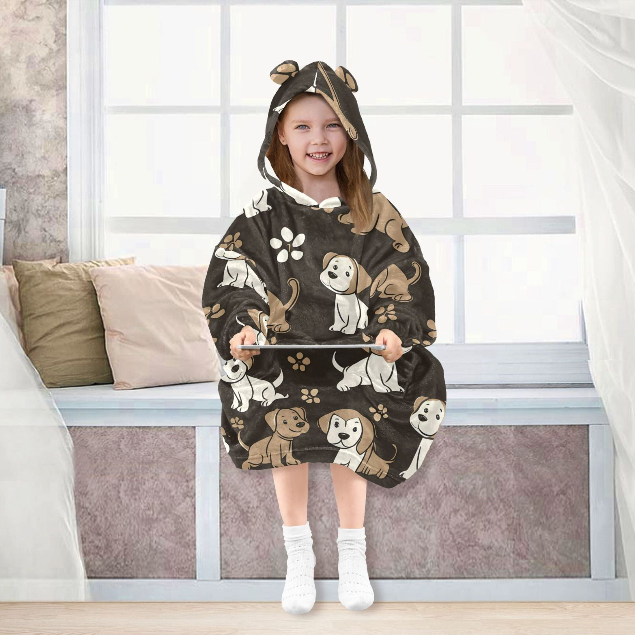 joogoo Wearable Blanket Hoodie for Kids Dogs Cute Footprint Flannel Oversized Sweatshirt 3-14 Years S