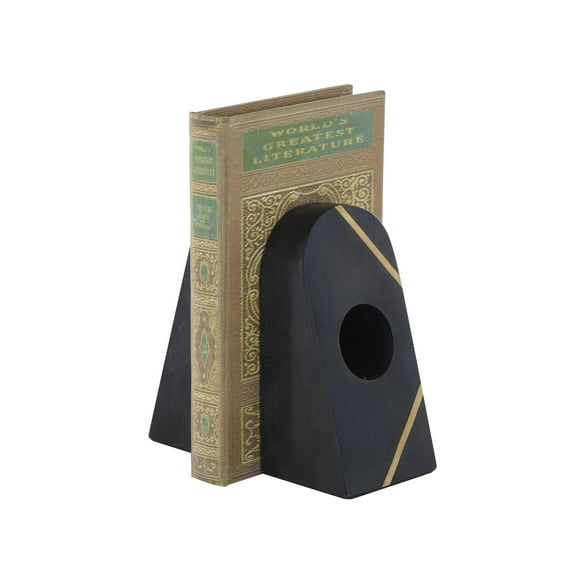 DecMode 3" Curved Pyramid Geometric Black Marble Bookends with Diagonal Gold Stripes (Set of 2)