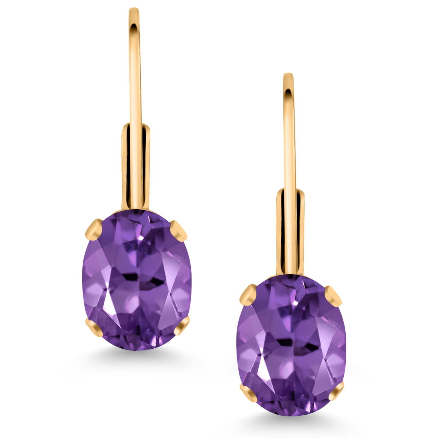 Gem Stone King Purple Amethyst Yellow Gold Plated Leverback Earrings for Women (1.50 Cttw, Gemstone February Birthstone, Oval 7X5MM)