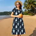 thumbnail image 4 of Picia Christmas Gnome blue Pattern Women's Short Sleeve Summer Dress Pleated Loose Swing Knee Length Short Sleeve Swing Dresses, 4 of 6