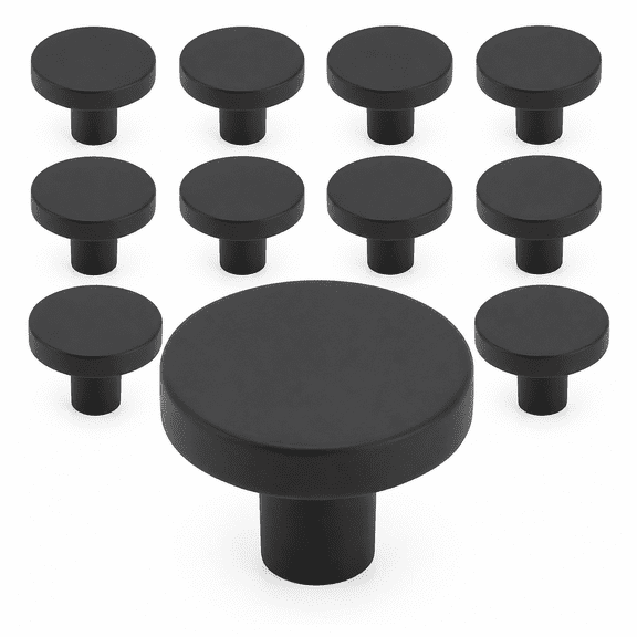 10 Pack Matte Black Cabinet Knobs 1-3/8 Inch Round Drawer Knobs, Durable Zinc Alloy Hardware Pulls for Kitchen Cabinets, Bathroom Vanities, Dressers and Furniture