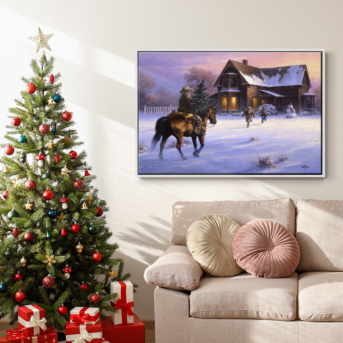 The Day Daddy Brought Home the Tree - Framed Gallery Wrapped Holiday Canvas - 25 x 37 - White Frame