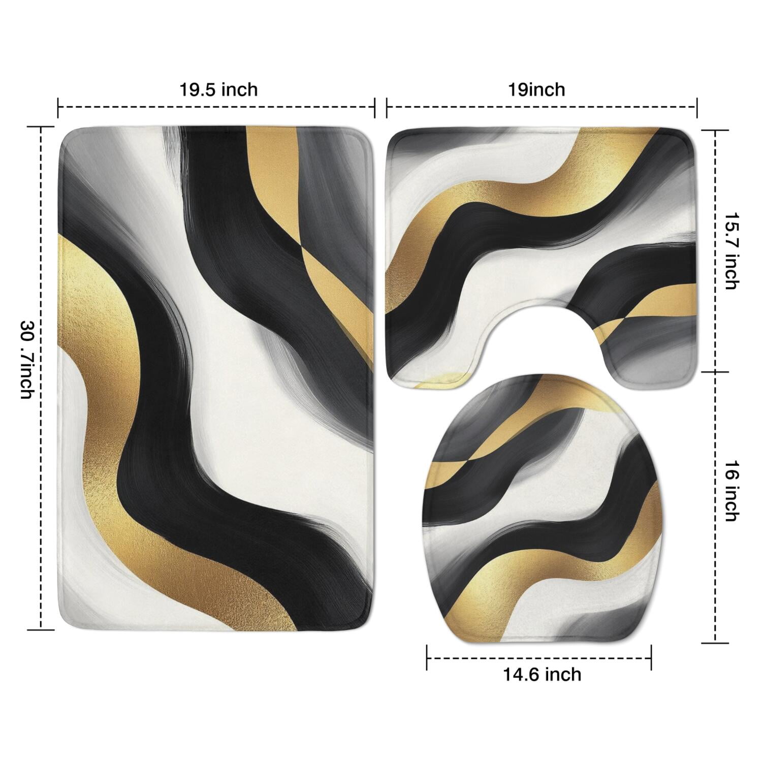 Black White Marble Gold Wave Pattern Bathroom Rugs Sets 3 Piece,Toilet Cover Set,Absorbent Non Slip Bathroom Mats Sets with U-Shaped Contour Rug Toilet Rug Set