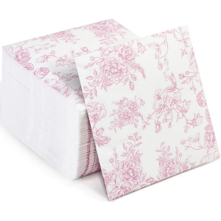 100 Pack Pink Floral Cocktail Napkins, Guest Hand Towels Disposable for Bathroom, Floral Paper Napkins for Bridal and Baby Shower, Tea Party, Garden Party, Birthday Party