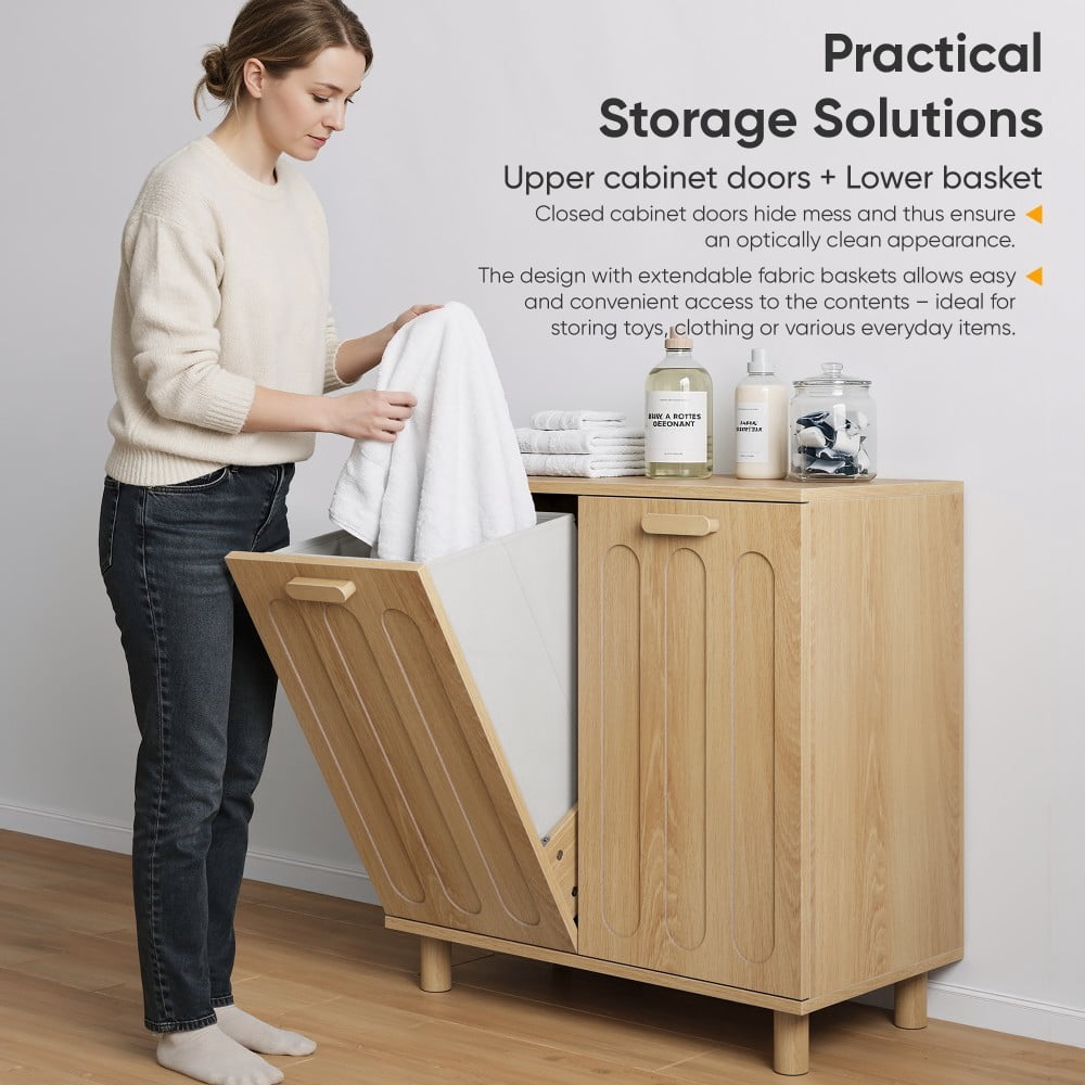Laundry Hamper Cabinet with 2 Removable Baskets, Tilt-Out Laundry Storage Cabinet, Freestanding Clothes Sorter for Bathroom, Laundry Room, Oak
