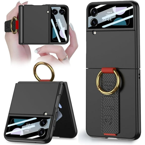 Compatible for Samsung Galaxy Z Flip 3 Case with Wrist Strap,Ultra Thin Matte PC Anti-Drop Wear-Resistant Built-in Glass Camera Screen Protector Case with Ring for Galaxy Z Flip 4 5G Carbon