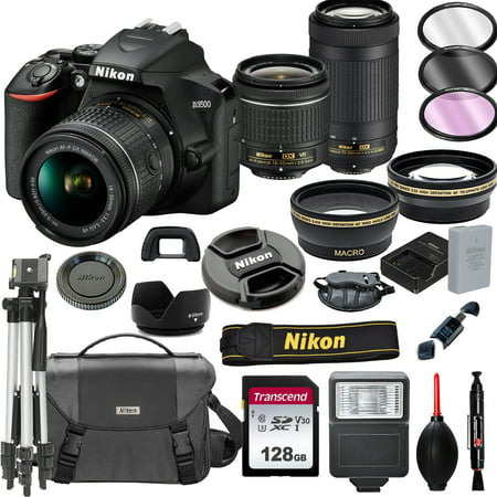 Nikon D3500 DSLR Camera with 18-55mm VR  and 70-300mm Lenses + 128GB Card, Tripod, Flash, and More (20pc