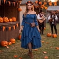 thumbnail image 4 of Off Shoulder Tiered Dress, Lace Up Corset Waist Dress, Long Sleeve Medieval Costume, Renaissance Dress Women Medieval Costume Victorian Dresses Peasant Gothic Fairy Witch Wedding Under Dress, Blue M, 4 of 5