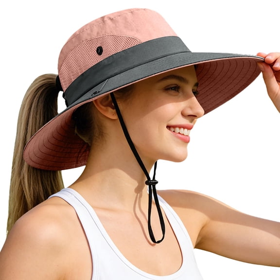 Minzimin 1Pcs Ponytail Sun Bucket Hats for Women UV Protection Foldable Mesh Wide Brim Hiking Beach Fishing Summer