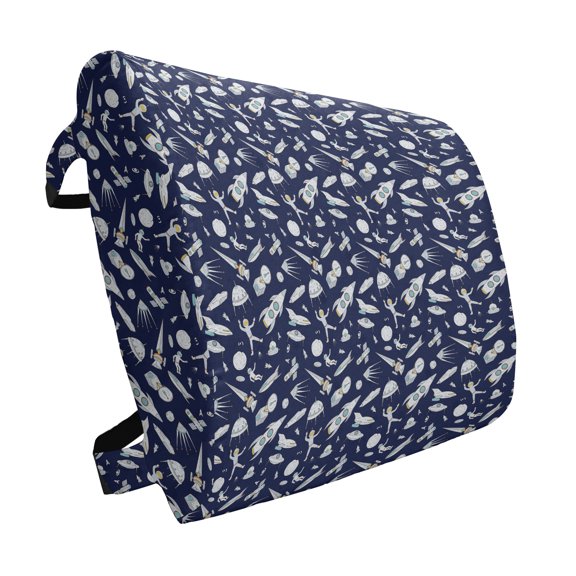 Space Lumbar Pillow, Planets Rockets Cosmonauts Shuttles UFO Cosmic Adventure Digital Theme, Soft Back Cushion for Office Chairs with Adjustable Straps, 14" x 13", Indigo White, by Ambesonne