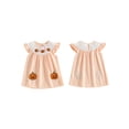 thumbnail image 2 of BemeyourBBs Todler Baby Girls Halloween Dress Outfit 12 18 24 Months 2 3 4 5 Years Cute Pumpkin Embroidery Smocked Fall Dress Fly Short Sleeve A-line Striped Dress, 2 of 9
