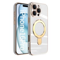for iPhone 16 Pro Case with Magnetic Stand, [Compatible with MagSafe] [Ring Holder Kickstand] Plating TPU Shockproof Protective for iPhone 16 Pro Phone Case for Women Men, White