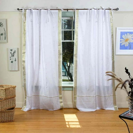 White With Gold Tie Top Sheer Sari Curtain Drape Panel Piece