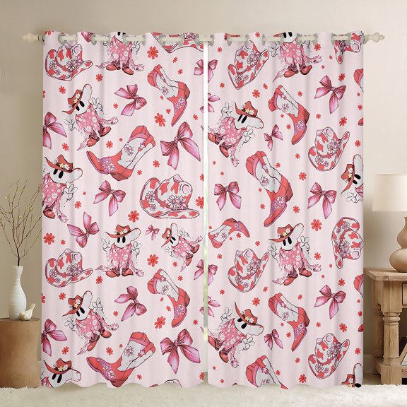 Feelyou Western Princess Boot Black Out Curtains, Kawaii Pink Bowknot Curtains Pack of 2 (42x63 Each), Cute Cowgirl Cowboy Bedroom Curtains, Black Out Curtains Decor