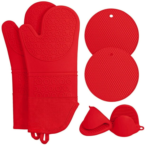 Juego de guantes de silicona para horno y soporte para ollas, resistentes al calor hasta 450 °F - Guantes de silicona profesionales extra largos de 15" para horno Adepaton CPB-DE-LYY1516-2
