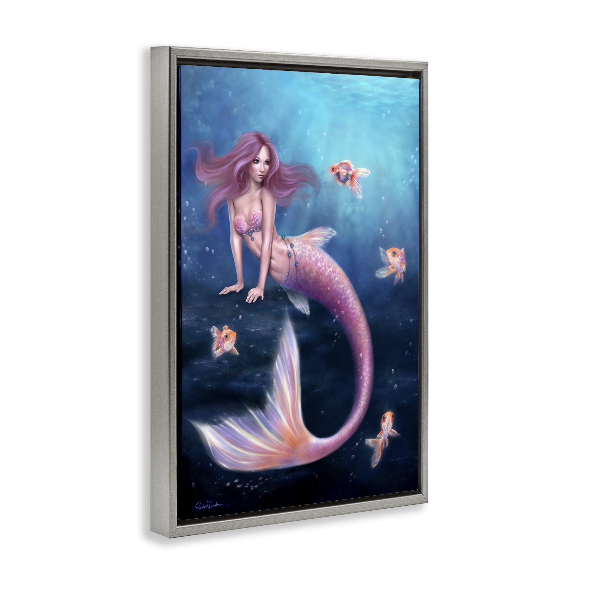 Aurelia Mermaid & Fish Gray Framed Floater Canvas Wall Art, design by Rachel Anderson
