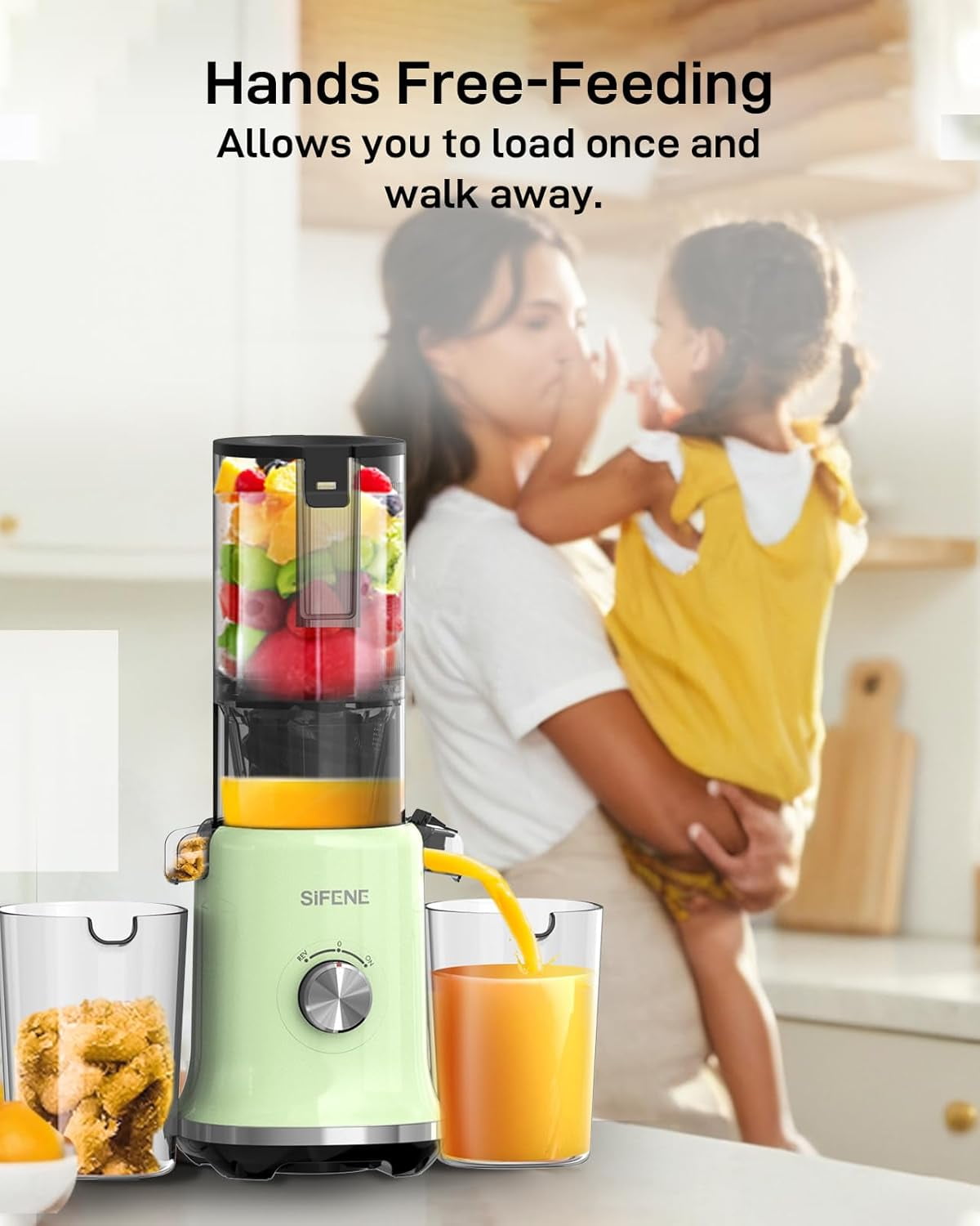 SiFENE Slow Masticating Juicer Machine, Cold Press Whole Fruit Juicer with 4.3-Inch Wide Feed Chute, Easy to Clean, High Juice Yield, Fruit & Vegetable Juicer, Home Kitchen, Green