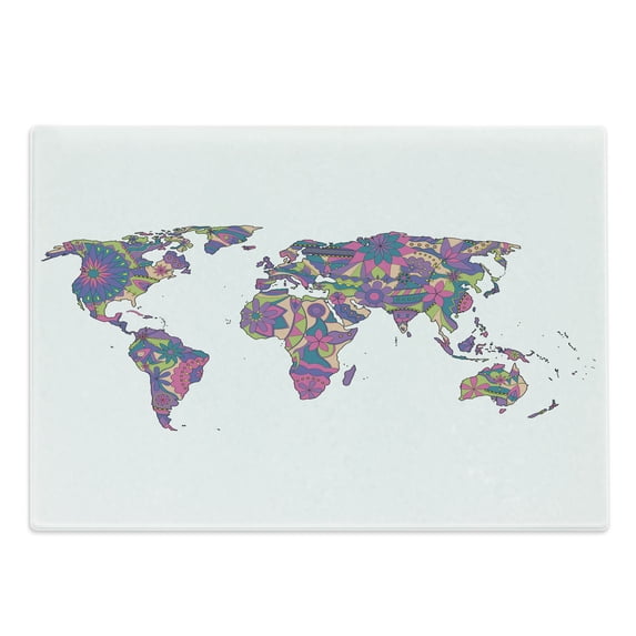 Wanderlust Cutting Board, Colorful World Map with Flowers Blossoms Floral Art, Decorative Tempered Glass Cutting and Serving Board, Large Size, Lime Green Fuchsia, by Ambesonne
