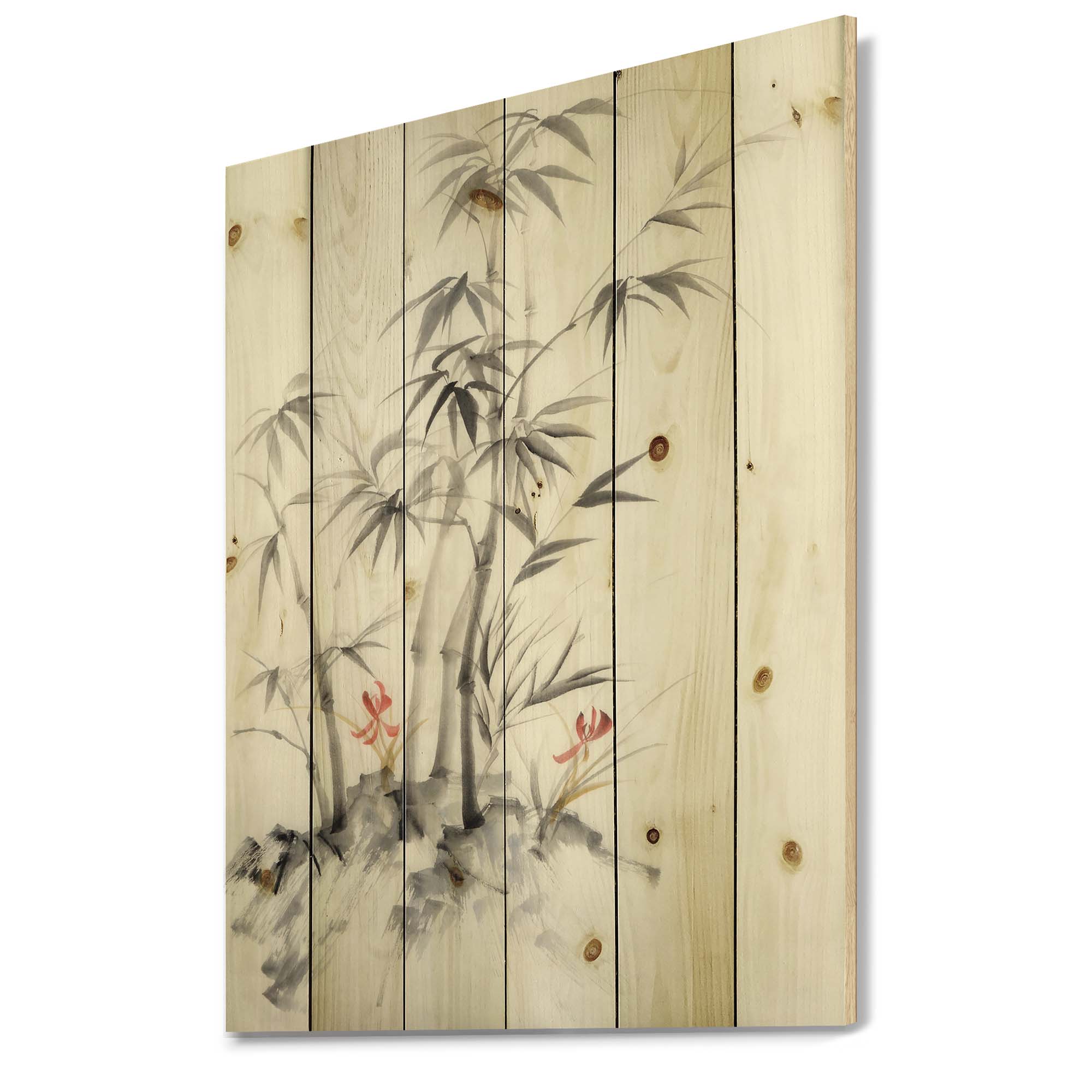 Designart 'Vintage Black and White Bamboo III' Traditional Print on Natural Pine Wood