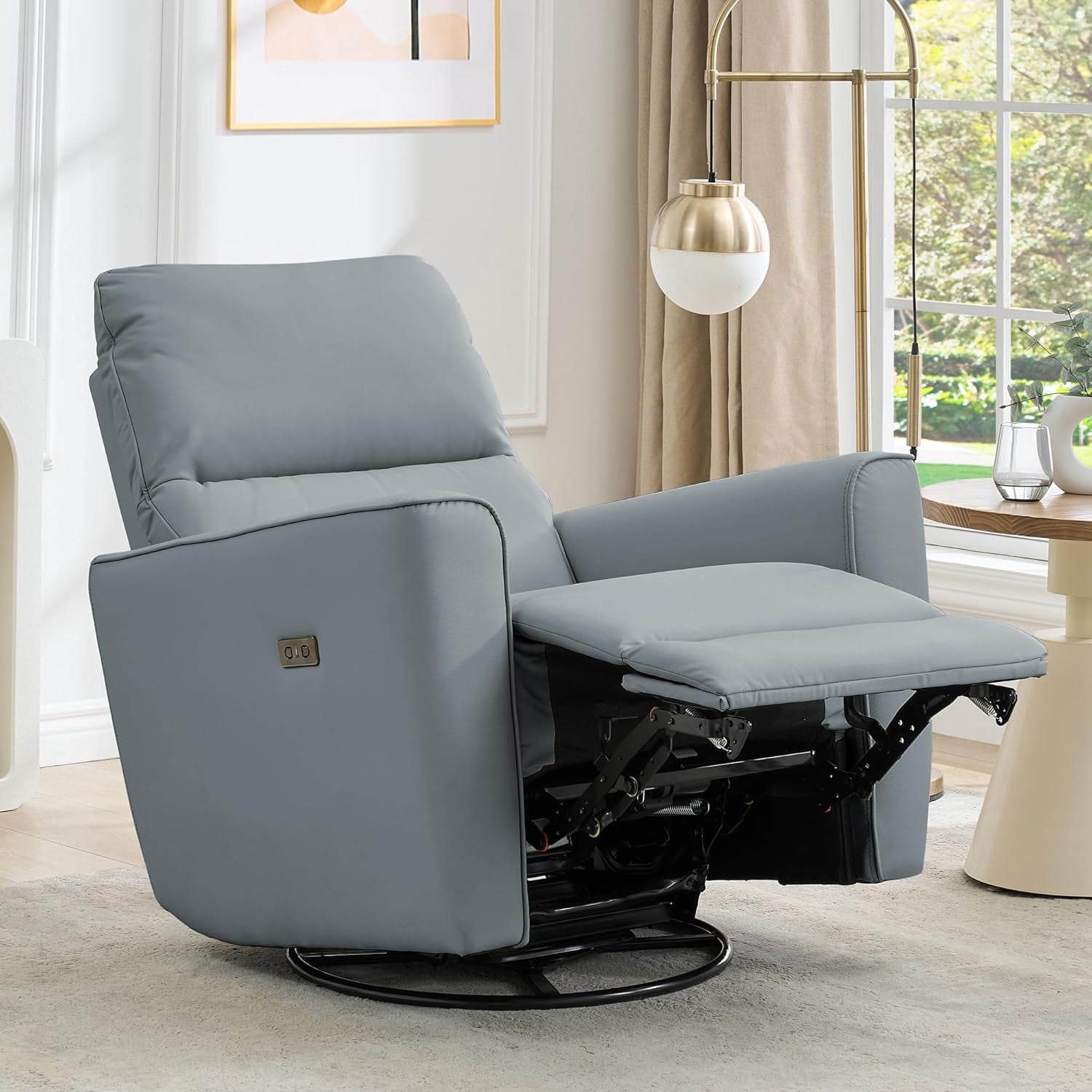 Power Recliner Chair 270° Swivel Rocking Glider with USB Port PU Leather Upholstered Nursery Chair with Adjustable Backrest for Living Room Office Home Theater and Nursery